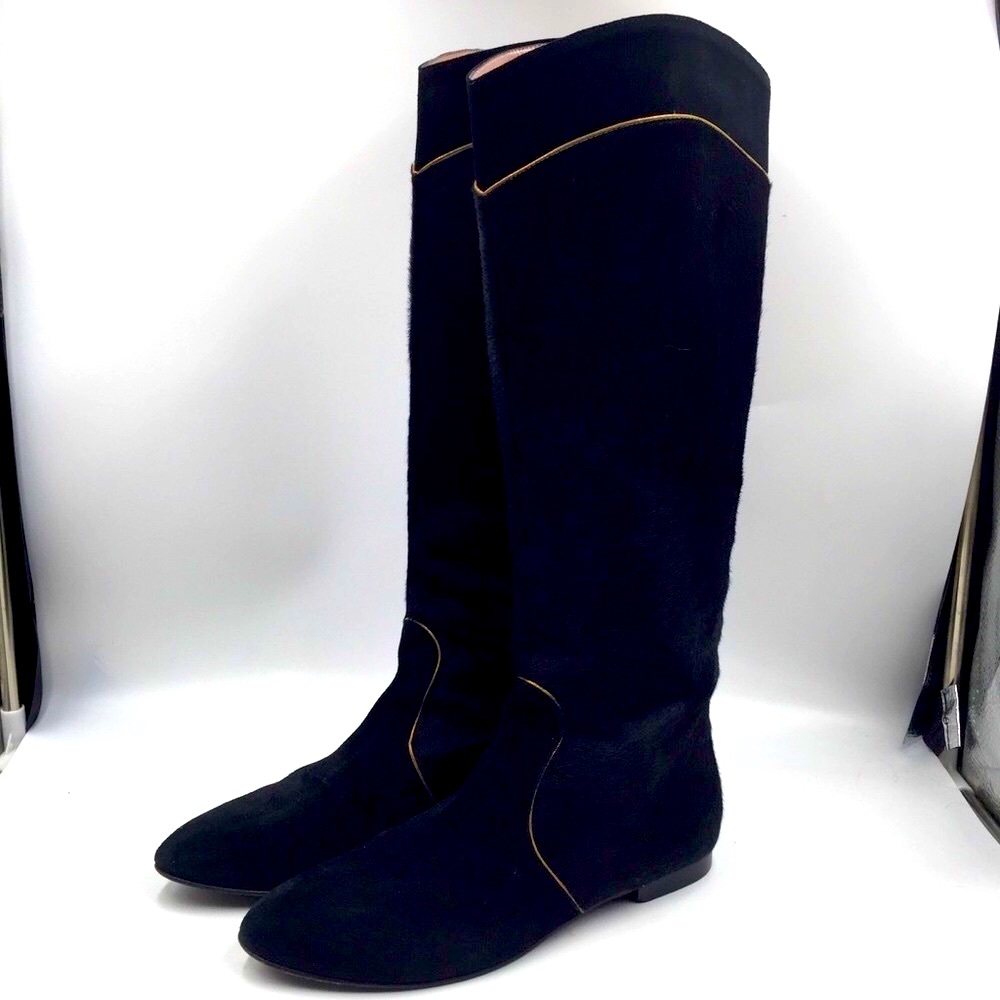 Studio Pollini Black Suede Knee-High Ankle Boots with Tan Piping
